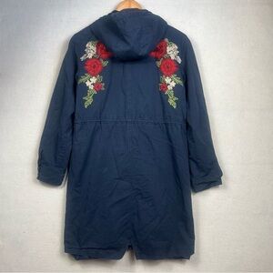 Tea N Rose Hooded Utility Trench Coat Jacket Floral Embroidery Boho Size S/M